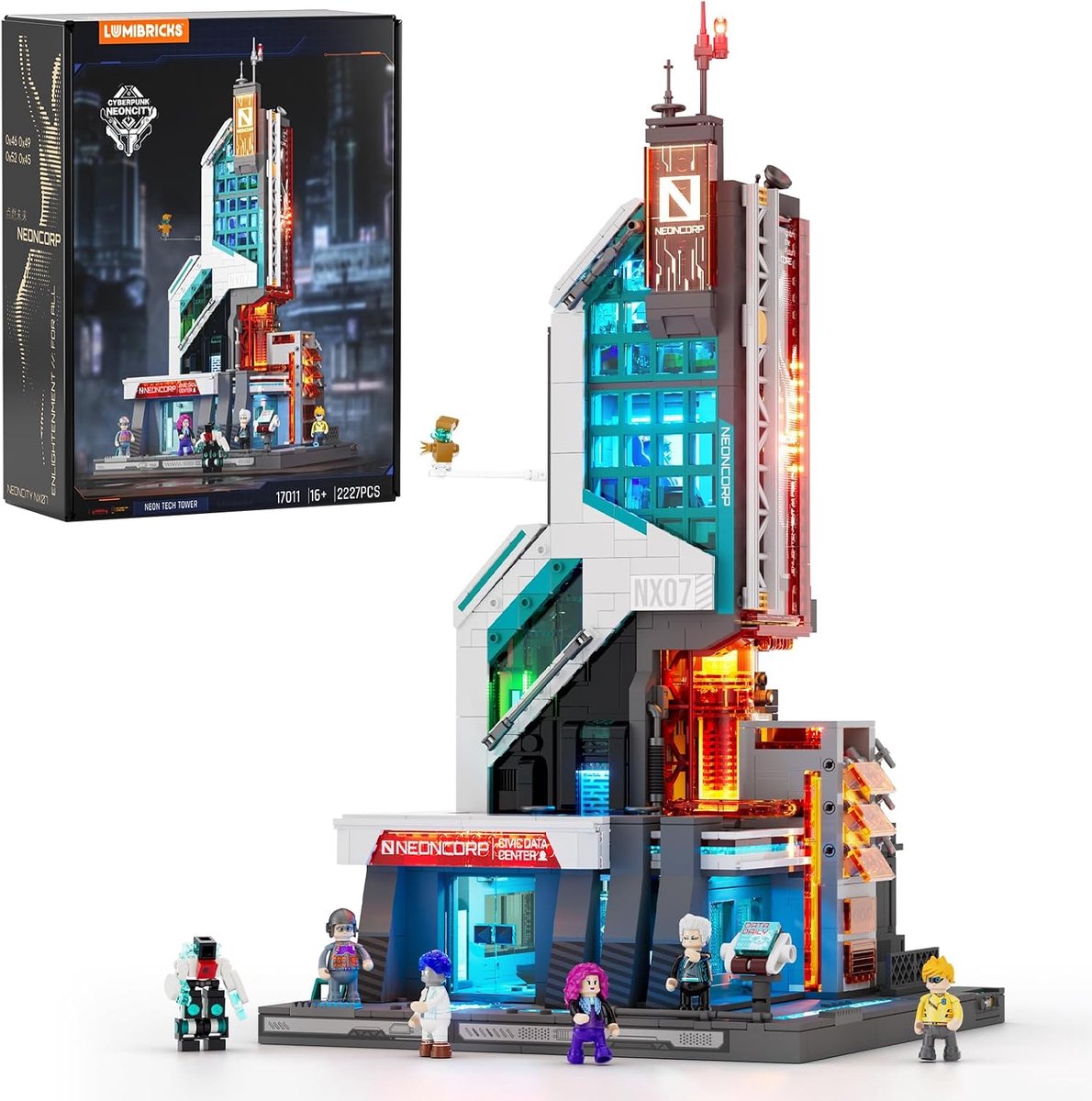 SnelShoppen - Lumibricks Neon Tech Tower 2227 Stukjes Cyberpunk Data Center met LED Verlichting, Modulaire Sci-Fi Wolkenkrabber met Verwijderbare Plan
