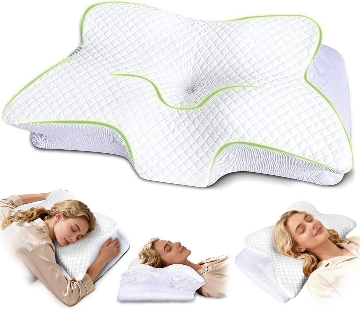 SnelShoppen - Ergonomisch Neksteun Kussen - Memory Foam Hoofdkussen voor Zij-, Rug- en Buikslapers - 61.7 x 37 x 13/13.7 cm - Wit - Perfect voor Comfo
