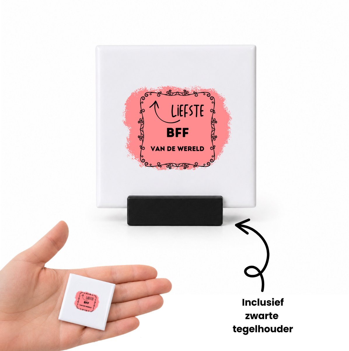 Hacebo liefste bff van de wereld tegeltje met tegelhouder - Vriend - de liefste bff - tegeltjes met tekst - verjaardag - cadeautje voor beste vriend - kado - geschenk - spreuktegels - 4.8x4.8 CM Wit