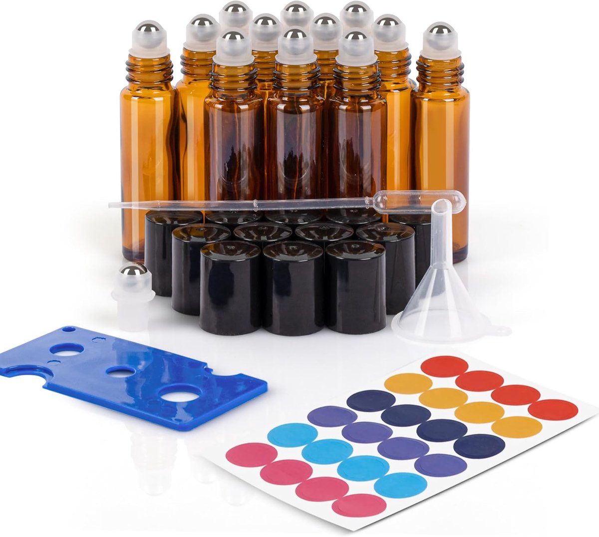 SnelShoppen - Set van 12 Amber Glazen Flessen voor Essentiële Olie 10ml met RVS Rollers, Funnel, Labels en Pipettes - Perfect voor Aromatherapie, Mass