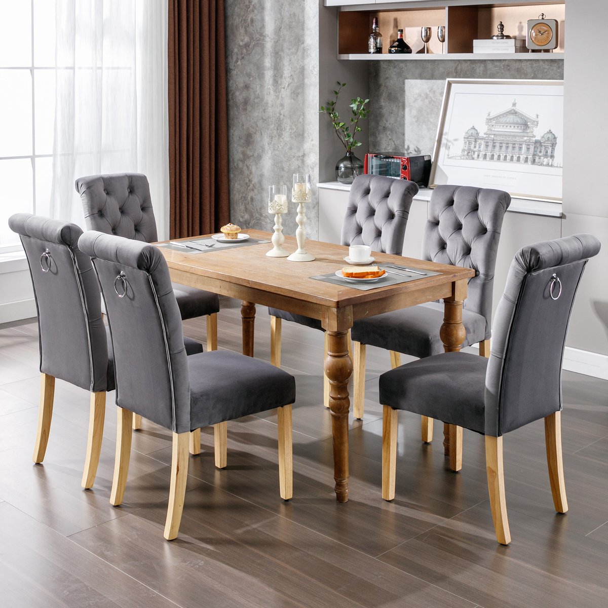 COVREO Eetkamerstoel set van 4 100 x 43 cm - velvet, eiken poten, grijs
