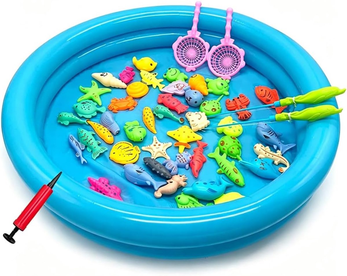 SnelShoppen - 50 Stuks Magnetische Vissen Speelgoed, Bad Speelgoed, Vissen Spel met 2 Hengels, 2 Netten, 44 Vissen en Opblaasbare Bad voor Kinderen, G