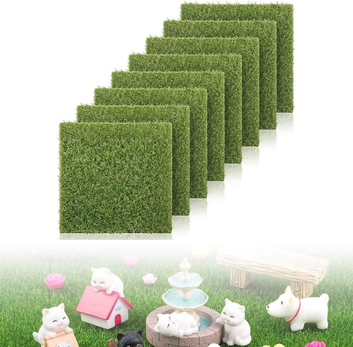 SnelShoppen - Set van 8 Kunstgras Matten 15x15 cm - Kunstgrastapijt voor Miniatuurtuin, Modelbouw, Poppenhuis & Feeënhuis, Perfect voor Knutselen en D