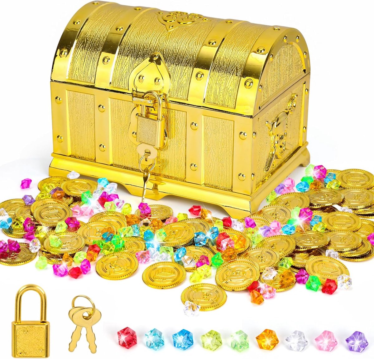 SnelShoppen - Kinder Verjaardag Schatkist met Slot en Sleutel, 50 Gouden Munten en 100 Edelstenen voor Kinderen, Piraten Schat voor Opslag en Decorati