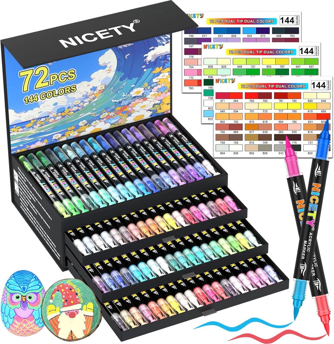 SnelShoppen - 144 Kleuren Acryl Pennen - 72 Stuks Brush Pen Markers voor Steen, Hout, Glas en Keramiek - Dubbele Punt en Dubbele Kleur Waterbasis