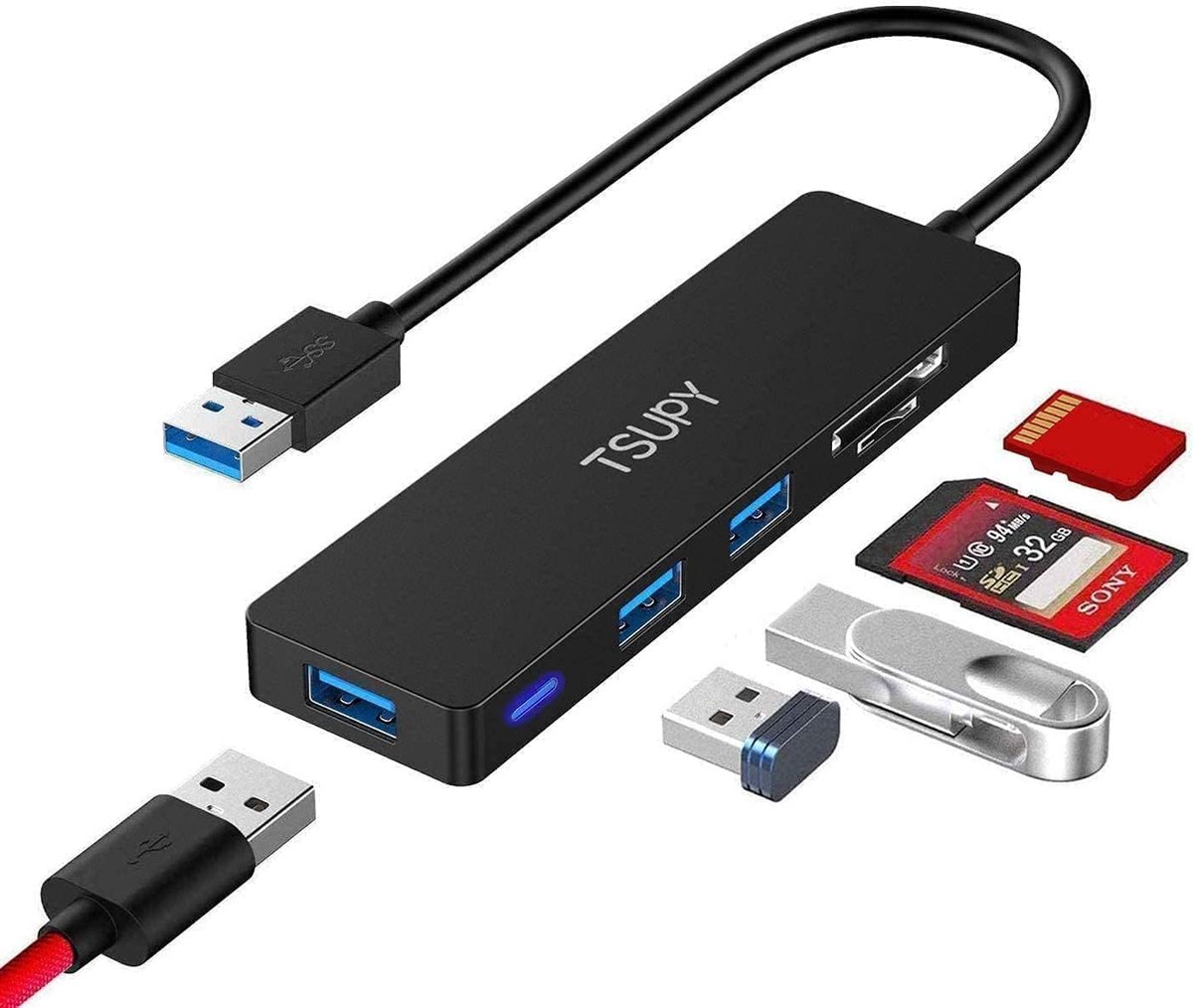 SnelShoppen - USB 3.0 Hub 5-in-1 USB Adapter met SD/TF Kaartlezer, 3-Poort USB Power Strip voor Macbook, iMac, Notebook PC, Externe Harde Schijven