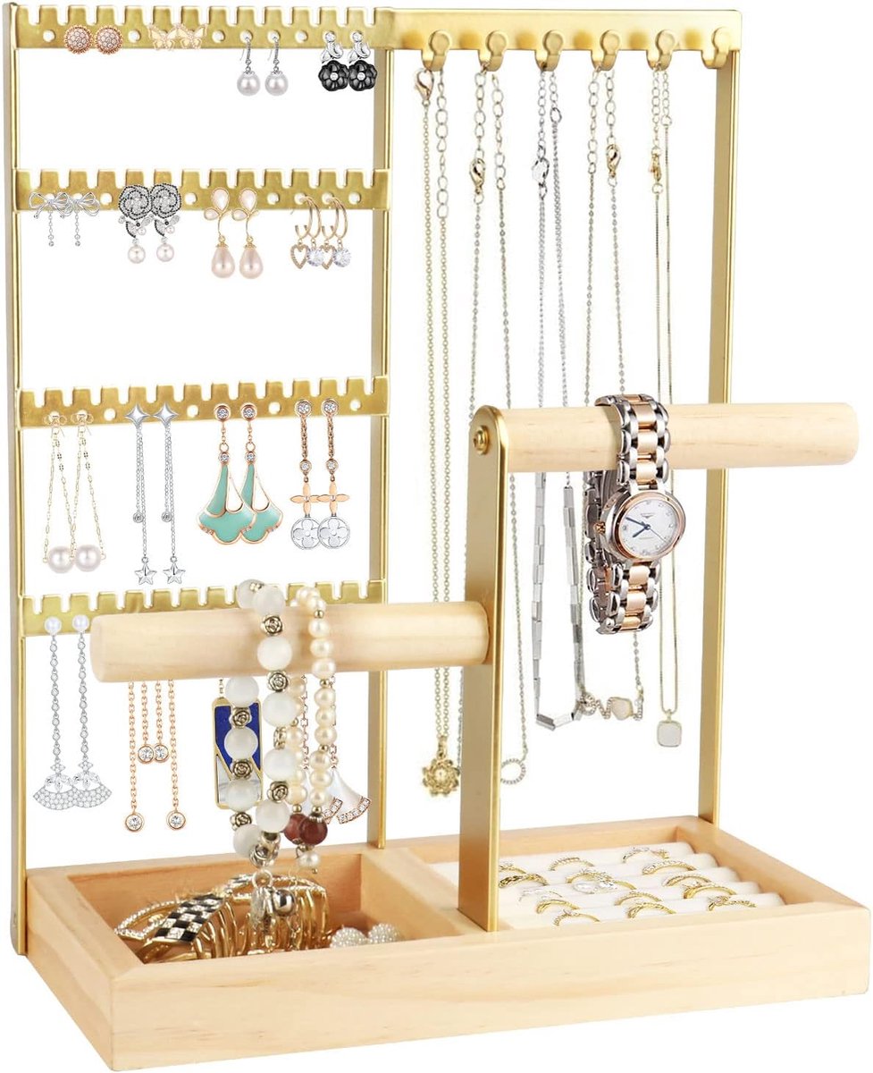 SnelShoppen - Jewellery Stand, Sieradenhouder, Organiser voor Oorbellen, Kettingen, Armbanden en Ringen, Goud, Houten Basis, Perfect voor Thuis of Rei