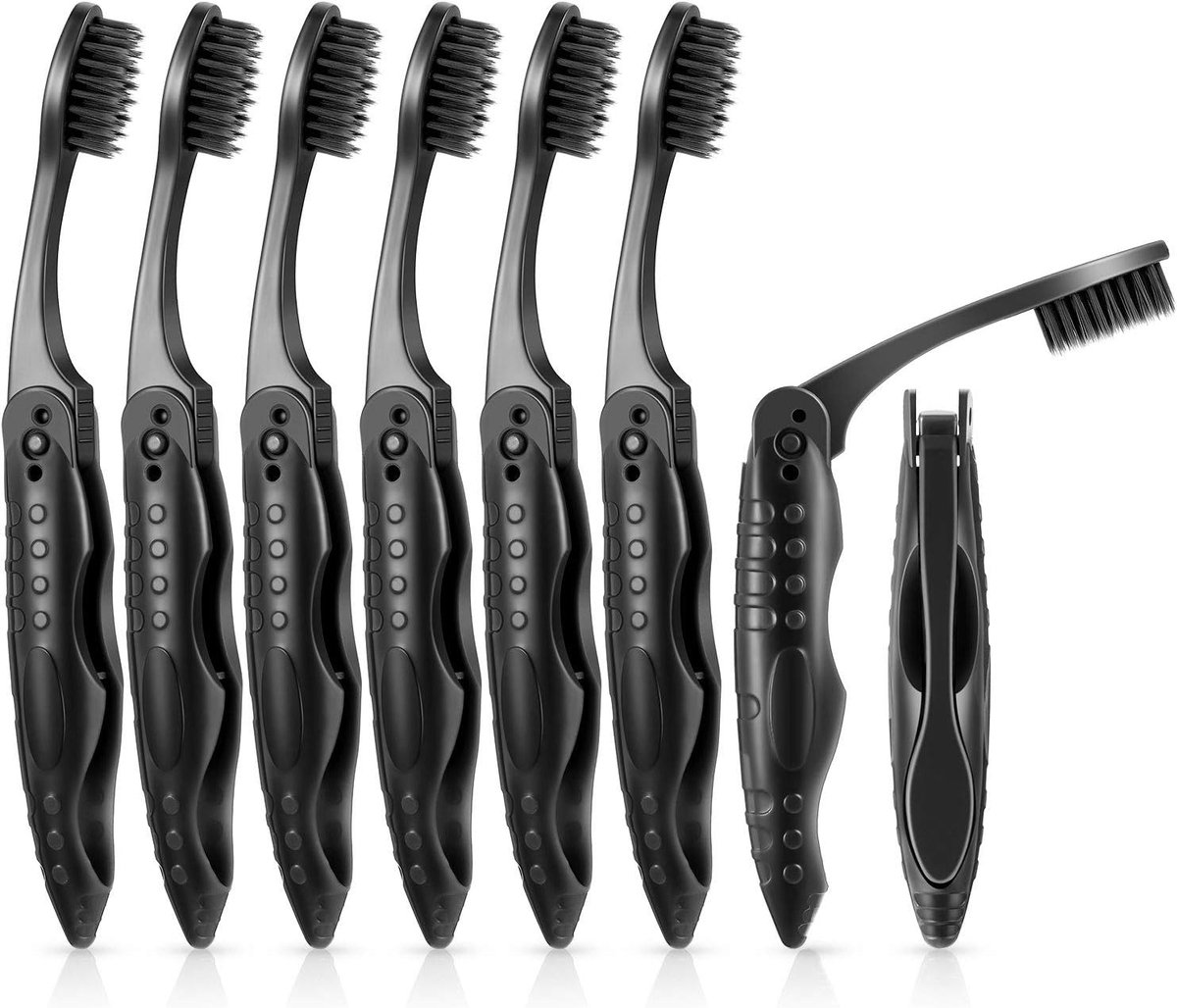 SnelShoppen - 8 Pack Vouwbare Reis Tandenborstels Zwart, Draagbare Carbon Tandenborstels met Zachte en Gemiddelde Borstels voor School, Kamperen en Re