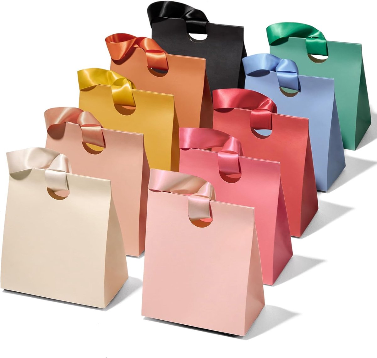 SnelShoppen - Set van 10 Kleine Kadozakjes met Satijnen Handvatten - Kleurrijke Papieren Gift Bags 15x9x18.5 cm voor Verpakkingen van Cadeaus voor Kin