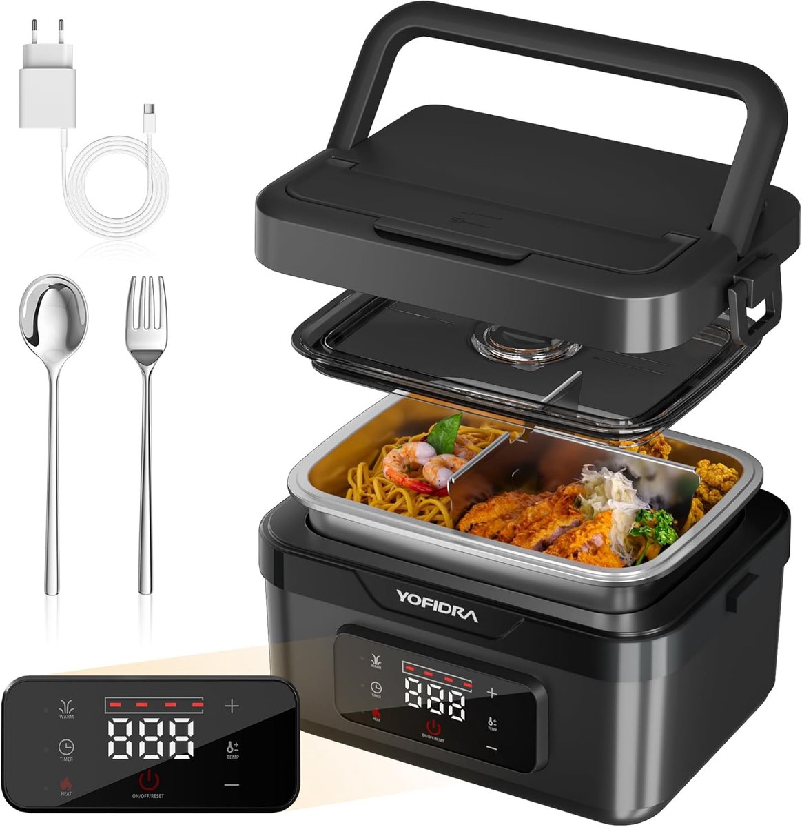 SnelShoppen - Elektrische Lunchbox 1.5L Verwarmde Lunchbox met Accu, Digitaal Display, IPX4 Waterdicht, Snelle Verwarming en Tijdcontrole voor Werk, R