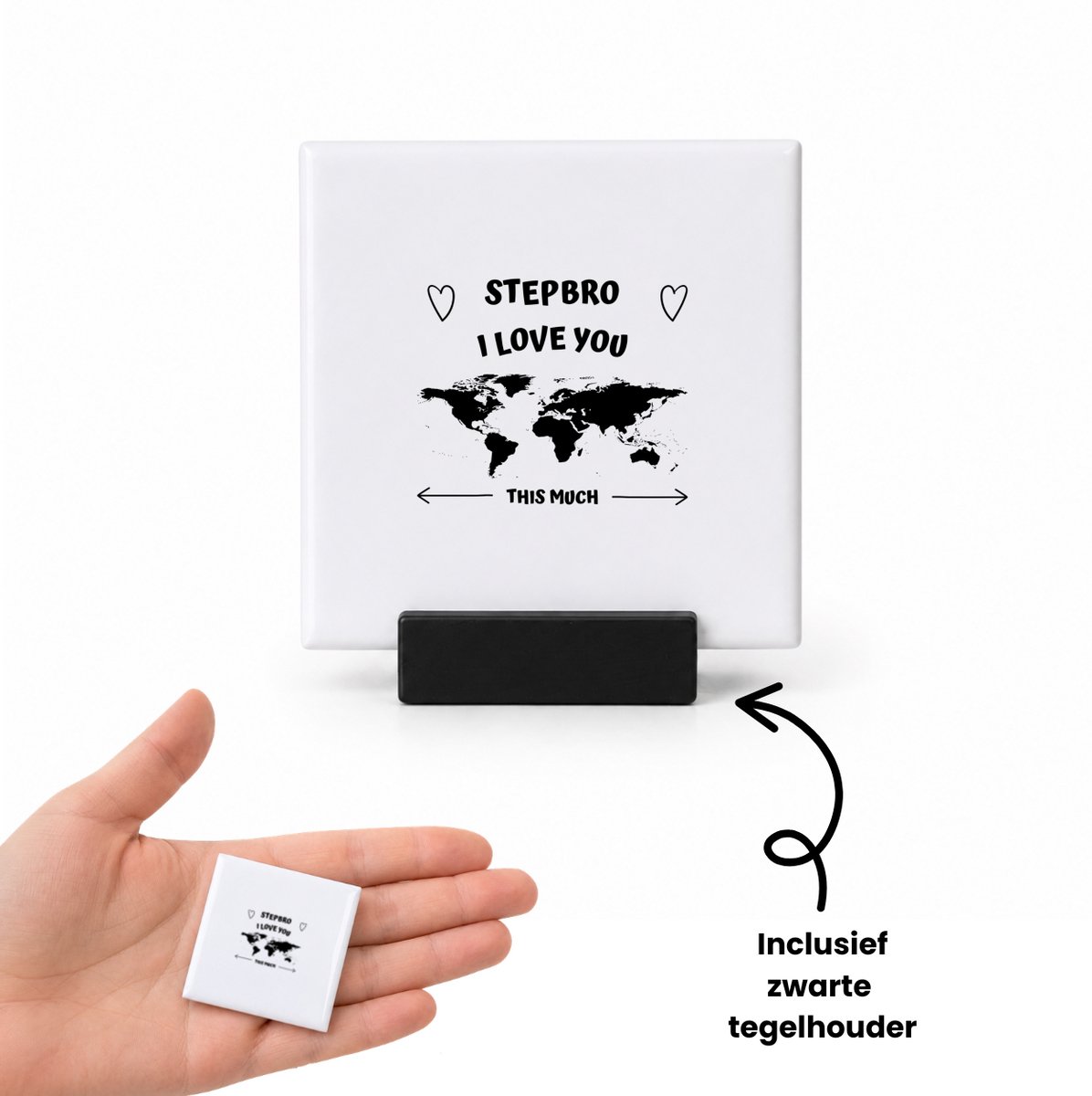 Hacebo stepbro I love you this much tegeltje met tegelhouder - Broer - geweldige stiefbroer - tegeltjes met tekst - liefste stiefbroer - verjaardag - cadeau - kado - bedankje - geschenk - spreuktegels - 4.8x4.8 CM Wit