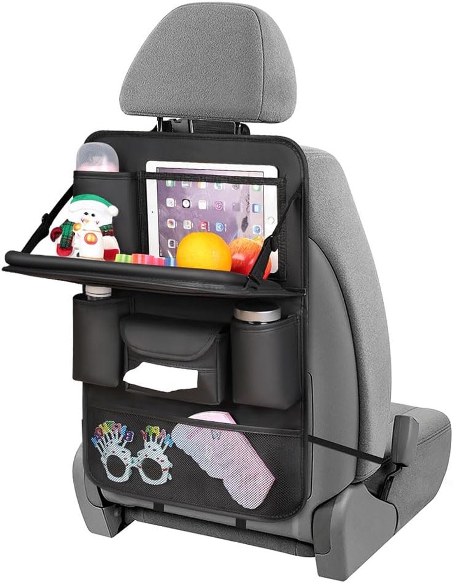 SnelShoppen - Auto Organizer voor Kinderen - Leer Car Seat Protector met 8 Compartimenten, 43 x 63 cm, Vouwbare Tafel & Tablet Houder voor Speelgoed e
