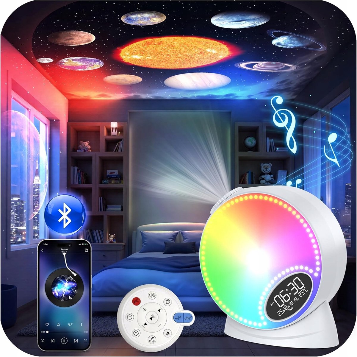 13-in-1 Galaxy Projector Wit – Planetarium Sterrenprojector met 13 Filmschijven, RGB-verlichting & Meteoor-effect – Incl. Bluetooth Speaker, Witte Ruis & Timer – Cadeau voor Kind & Volwassene – Slaapkamer, Woonkamer & Kinderkamer