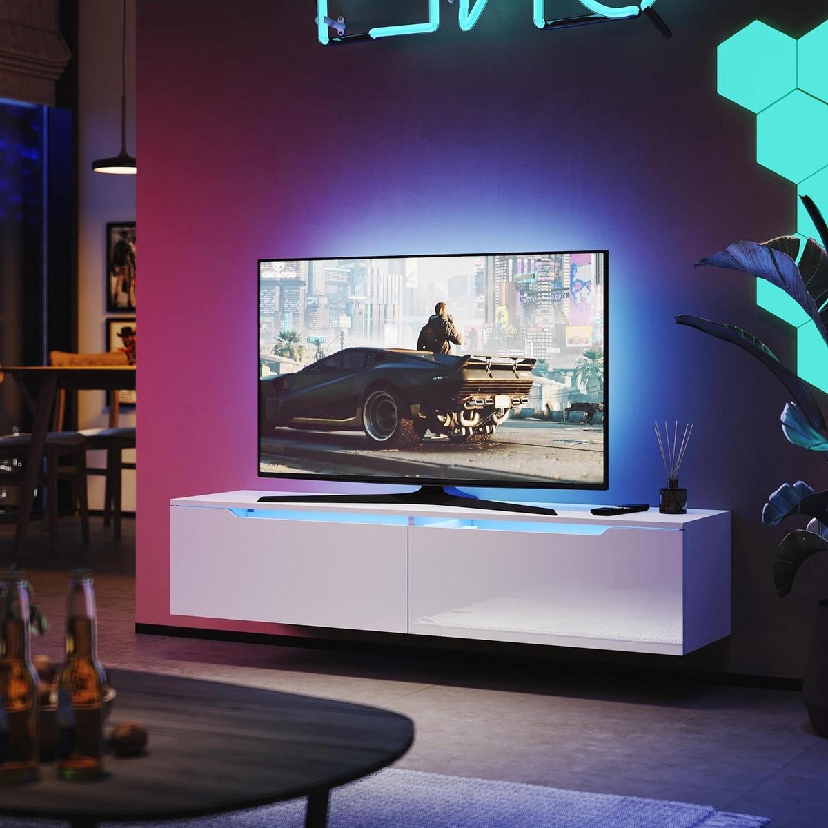 TV opzetkast - Lage kast - Opbergen entertainment - Met ledverlichting - 180 cm breed - Wit
