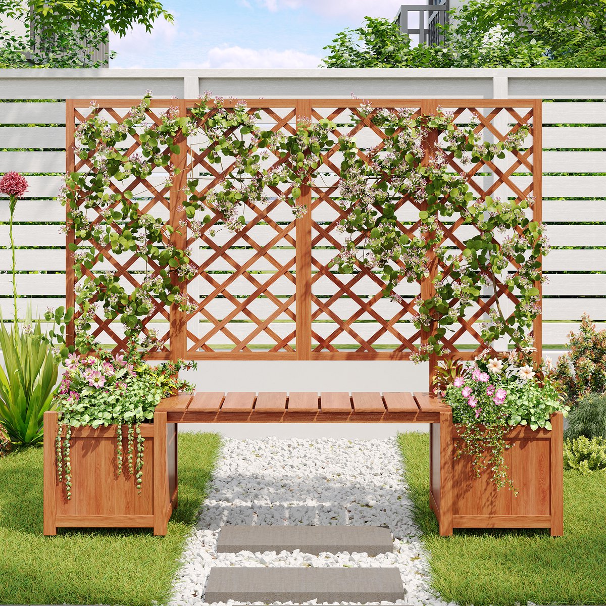 MIVRAY Plantenbak - 169 x 145 x 42 cm - Met Spalier En Zitbank - Massief Hout - Donkerbruin - Voor Tuin, Terras En Balkon