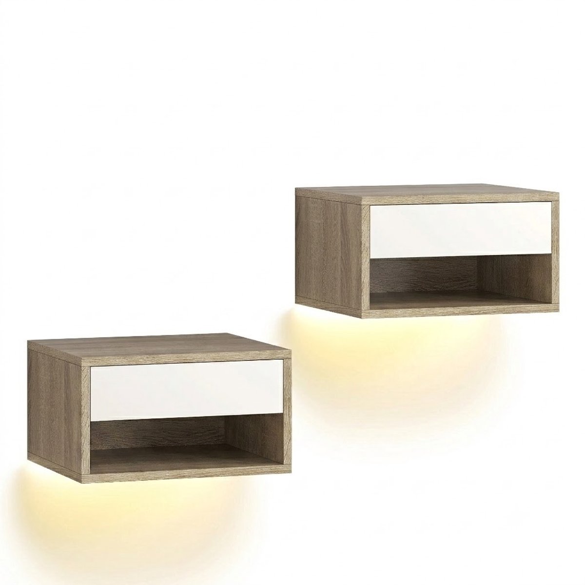 VIEMAE Nachtkastjes set van 2 - Zwevend nachtkastje - Wand nachtkastje - Met LED, lade, open vak - 37x32x21cm - Houtkleurig, wit
