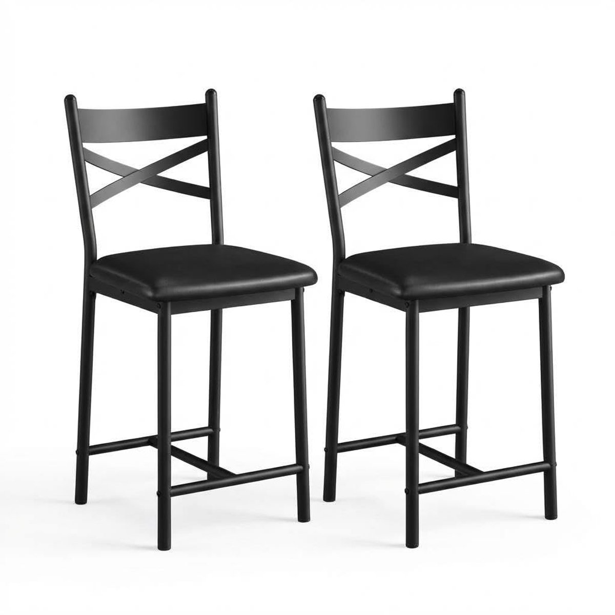 Set van 2 barkrukken, 66 cm hoog, met X-vormige rugleuning, gestoffeerde zitting en stevig metalen frame. Moderne barkrukken voor keukeneiland, ontbijthoek, thuisbar en café, zwart.