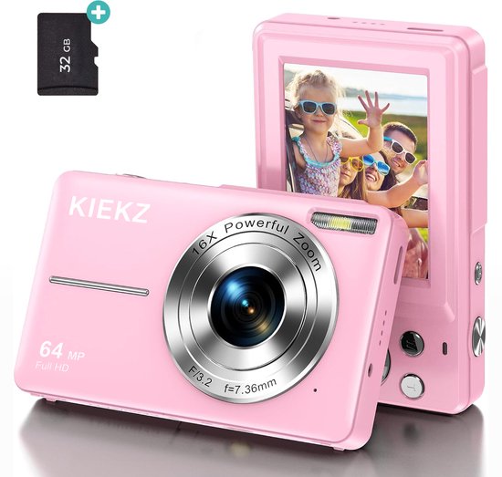 Roze KIEKZ digitale camera, 16x zoom, met een foto van een gezin op het scherm en een 32GB SD-kaart.