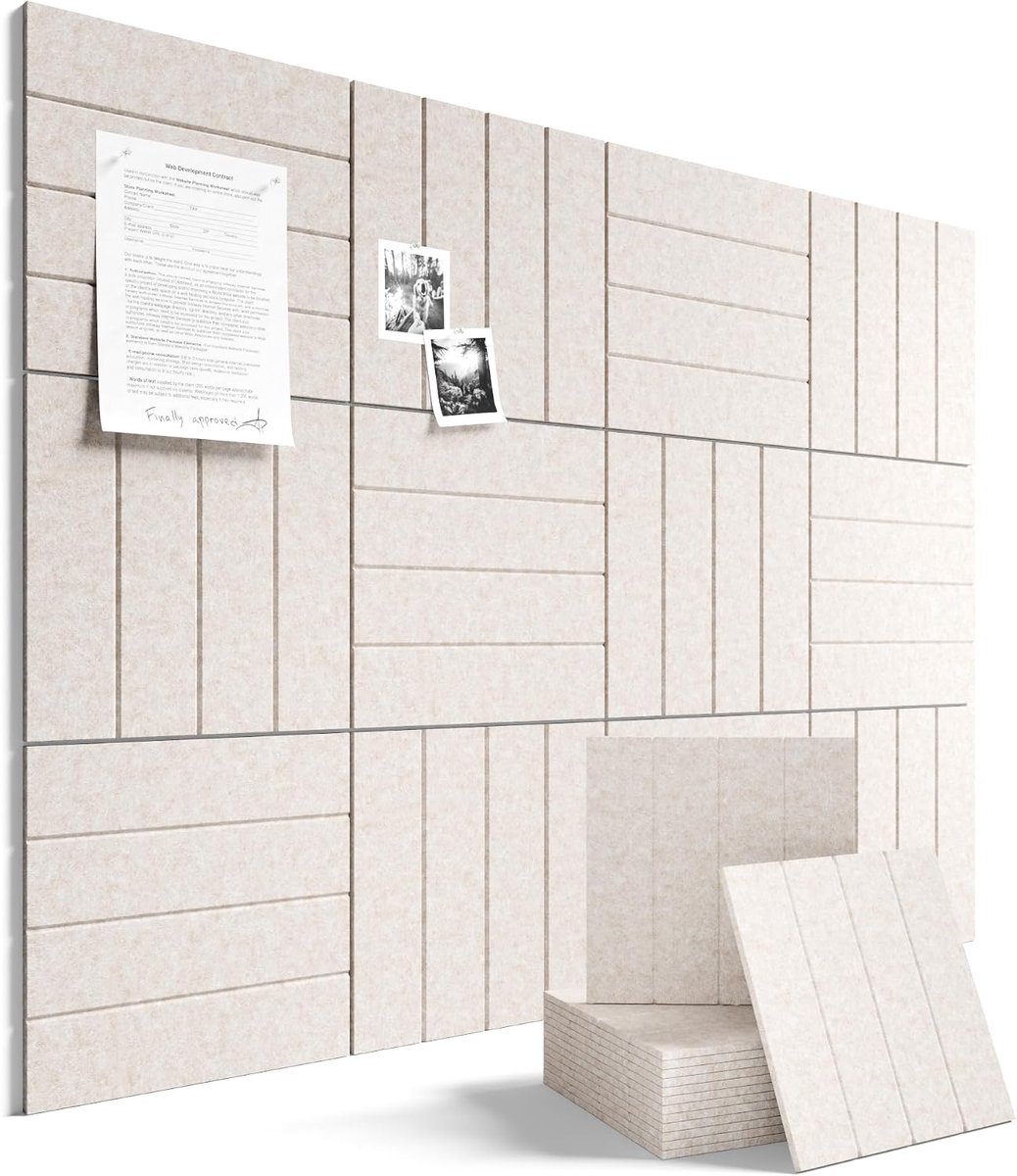 Viltbord- vilt prikbord tegels – 12 stuks – 30 x 30 cm – met klevende stickers – voor kantoor thuis – voor woonkamer, slaapkamer kantoor – modern minimalistis – havermout