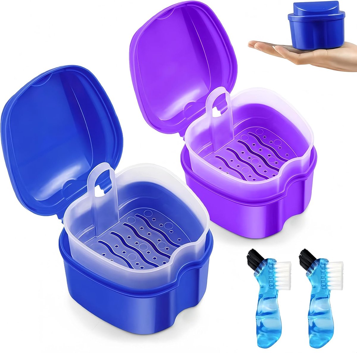 2 Stuks Tandprothese Box met Prothesenborstel - Prothesenbox - Tandwielrail Box - Dentaal Pod - Beugelbox - Onzichtbare Beugelbewaardingsbox voor Houder - Reinigingsbox - blauw en paars