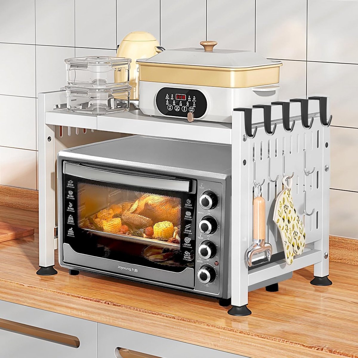 SnelShoppen - Expandable Magnetron Rek, Keuken Organiser, Uittrekbare Magnetron Stand, Wit, 40-64cm, met 10 Haken, Ideaal voor Keukenapparatuur en Kru