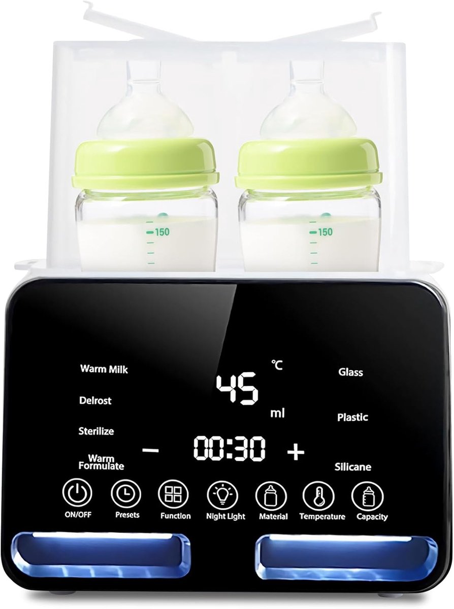 SnelShoppen - Multifunctionele Baby Flesverwarmer voor 2 Flessen, Sterilisator, Melk- en Babyvoedselverwarmer met LCD Display, Geschikt voor Glas, Sil