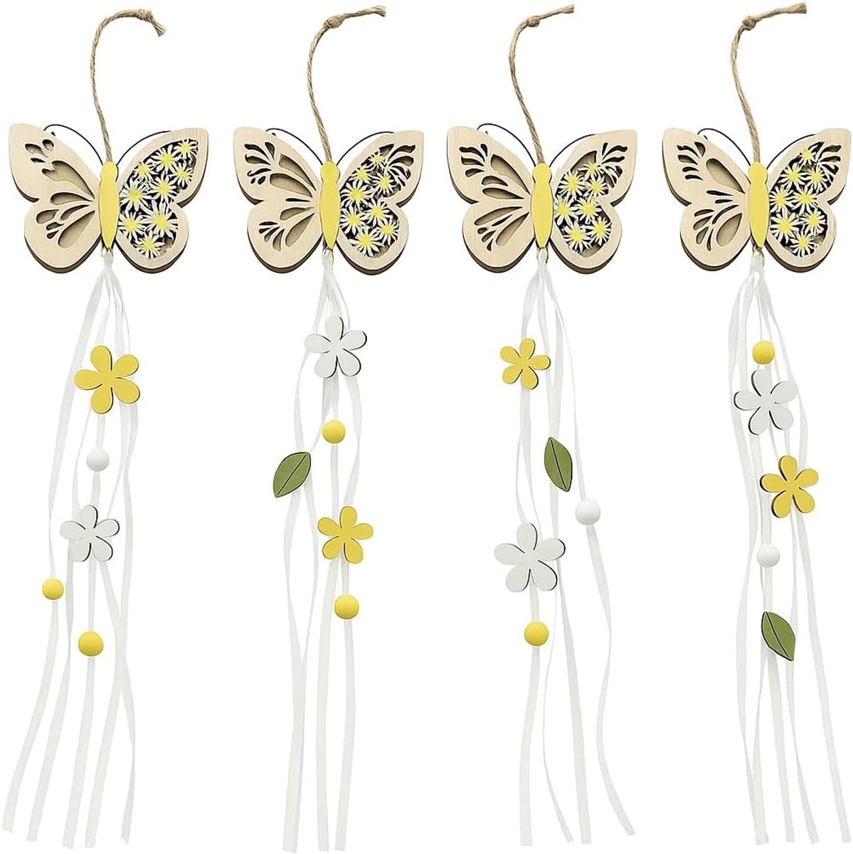 SnelShoppen - Raamdecoratie voor ophangen: Lente decoratie vlinders set van 4 van hoogwaardig hout met organza linten, ideaal voor woonkamer, balkon,