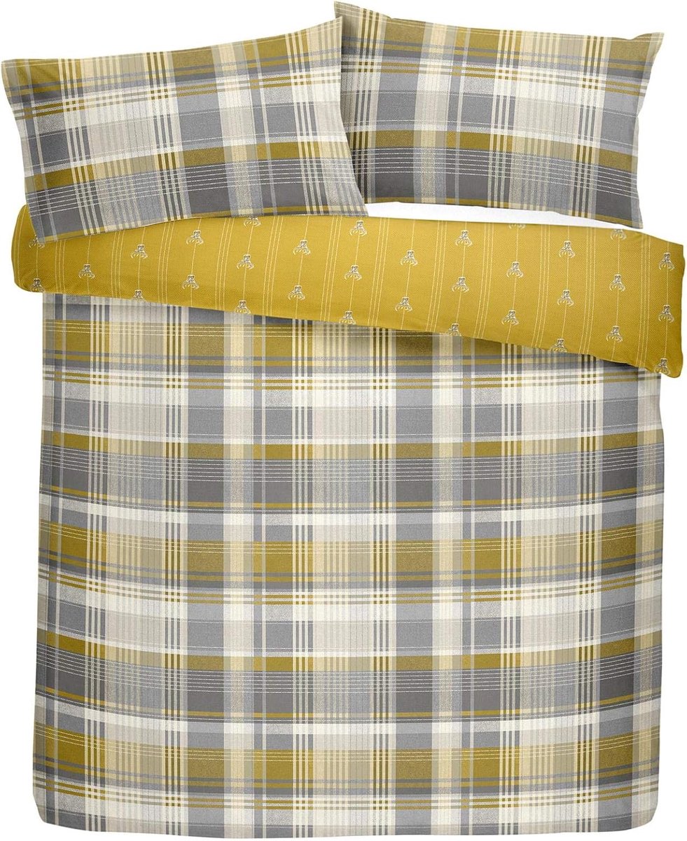 SnelShoppen - Duvet Cover Set 100% Geborsteld Katoen, Dubbel Bed, Reversible, Grijs Geel, Connolly Check, Perfect voor Slaapkamer, Comfortabel en Stij