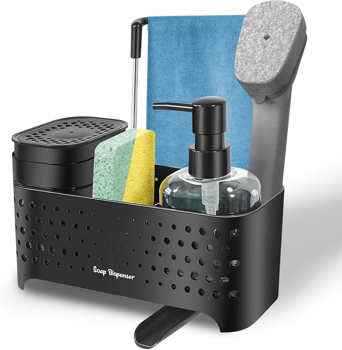SnelShoppen - Double Countertop Soap Dispenser Set - 5-in-1 Organizer met Hand en Afwaszeep Dispenser, Borstel & Spons Houder, Vaatdoek Houder | Ruimt