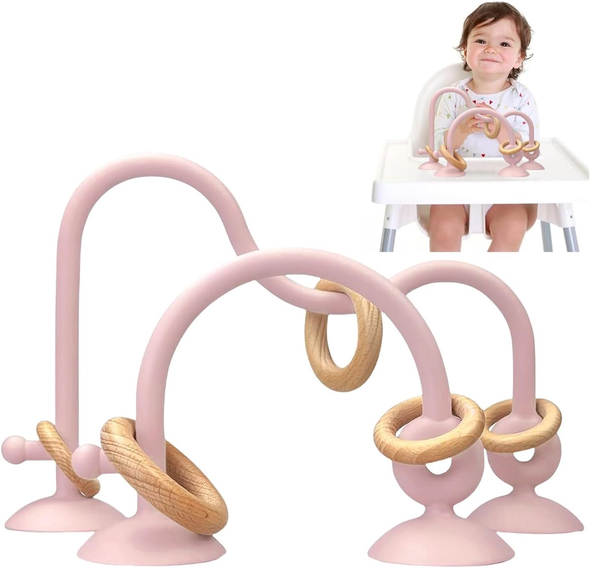 SnelShoppen - Montessori Babyspeelgoed met Zuignap, Sensorisch Siliconen Speelgoed voor Kinderstoel, Houten Ring, Fijne Motoriek, Roze, Voor Jongens e