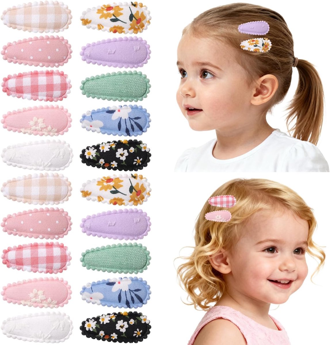 SnelShoppen - 20 Stuks Haarspeldjes voor Peuters, Bloemenprint, Anti-slip Stoffen Haarclips, Baby Haaraccessoires voor Meisjes, Perfect voor Feestjes