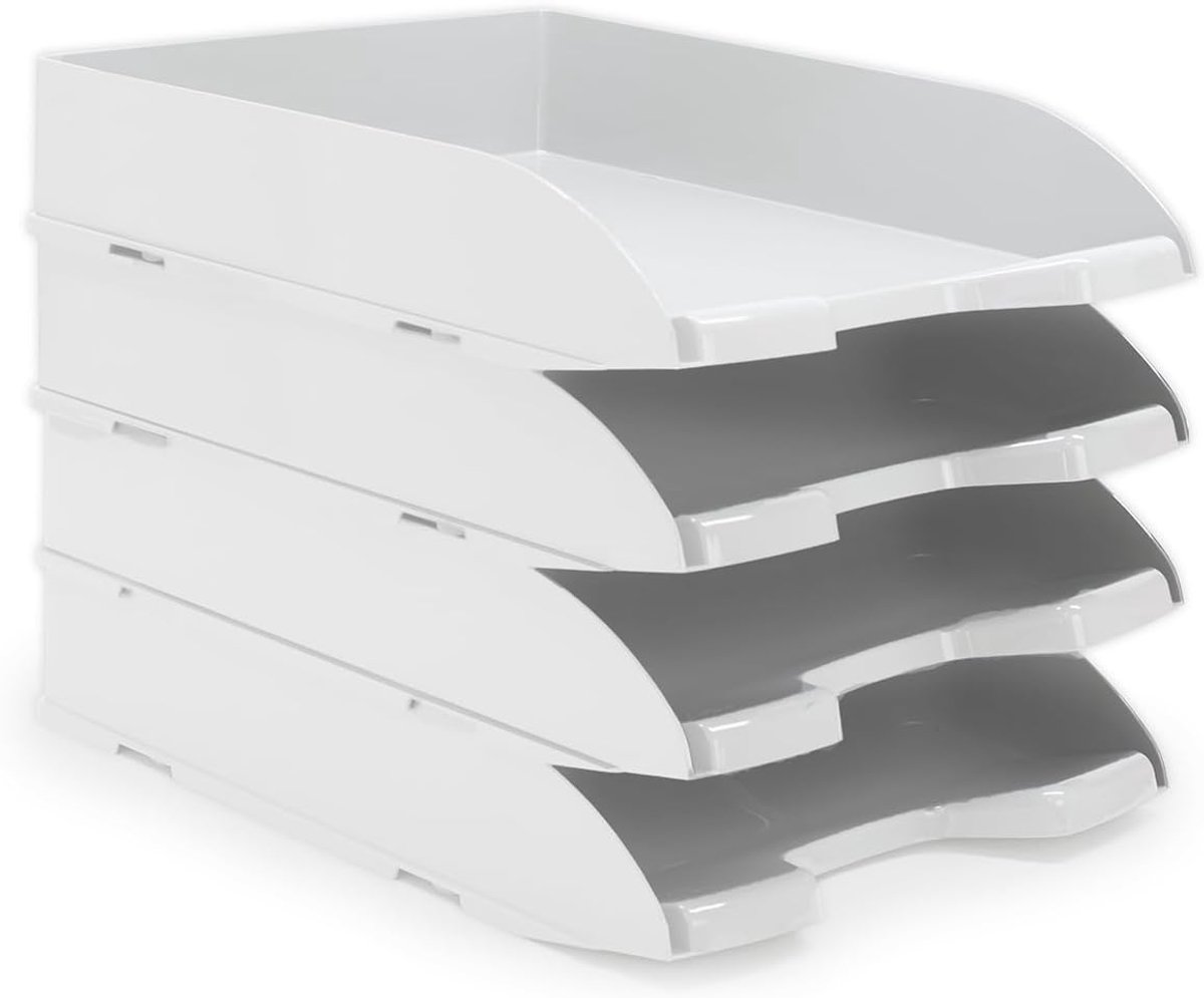 SnelShoppen - Set van 4 A4 Letterbakken - Plastic Opaque Wit - Organiseer Documenten - Stapelbaar met Etiketten - Ideaal voor Thuis en Kantoor