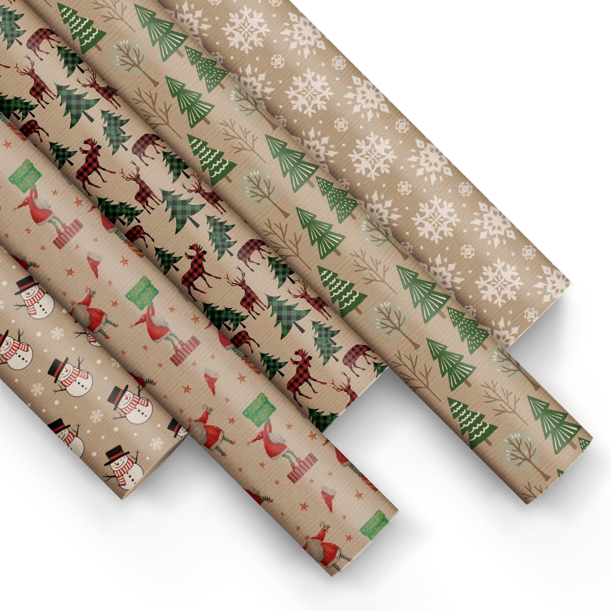 SnelShoppen - Cadeaupapier 200 x 70 cm - 5 Rollen Assortiment van 5 Ontwerpen - Elegant in Retro Kerststijl - Lichtgewicht en Sterk - Perfect voor Ker