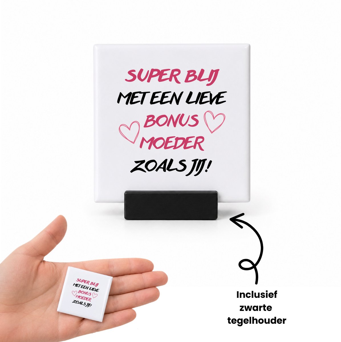 Hacebo Super blij met een lieve bonusmoeder zoals jij! tegeltje met tegelhouder - Bonusmoeder - Lieve bonus moeder - tegeltjes met tekst - moederdag cadeautje - Cadeau voor mama - Verjaardag - Geschenk - Cadeau - Gift - spreuktegels - 4.8x4.8 CM Wit