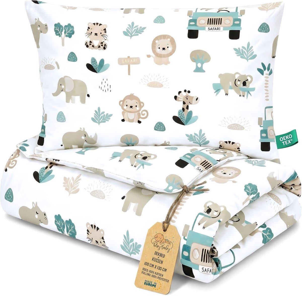 SnelShoppen - Kinderddekbed zonder dekbedovertrek 100x135 cm - Katoenen babydeken en kussenset 60x40 - Oeko-Tex gecertificeerd, ademend en lichtgewich