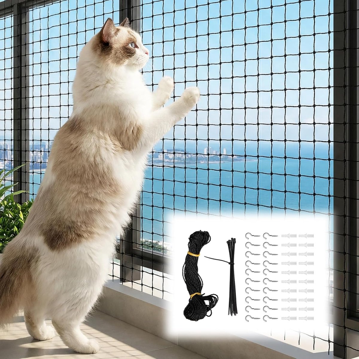 SnelShoppen - Kattennet voor Balkon 6x3m / 8x3m - Draadversterkt Kattenbeschermingsnet - Beet- en Scheurbestendig Balkonnet - Balkonbescherming voor V