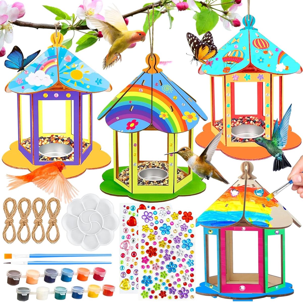 SnelShoppen - Vogelhuisjes Bouwset voor Kinderen - 4 Stuks - Houten Vogelvoederhuisje Knutselset - DIY Vogelvoer, Schilderen, Creatieve Activiteiten,