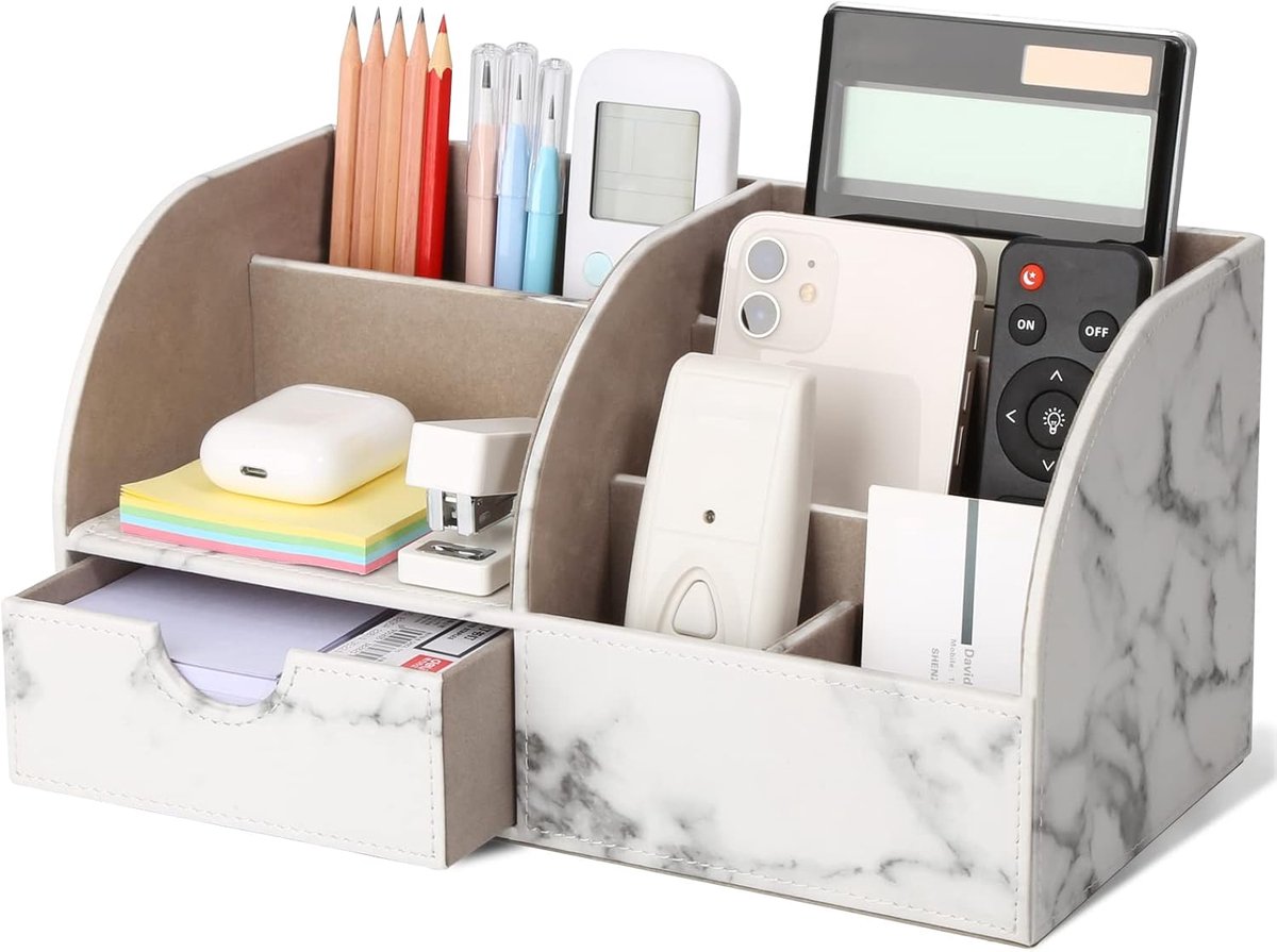 SnelShoppen - PU Leather Desk Tidy Organizer Marble - Stijlvolle Bureau Organizer met 6 Compartimenten - Voor Stationery, Pennen, Kantooraccessoires -