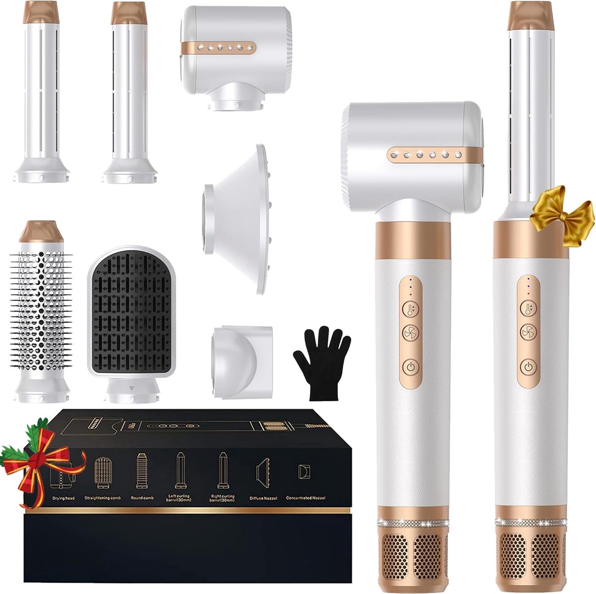 SnelShoppen - 7-in-1 Haarstyler & Föhn Set, Airstyler met Automatische Krulborstel, Ronde Borstel, Verhit Borstel, Diffuser en Stylingmondstuk - Ideaa