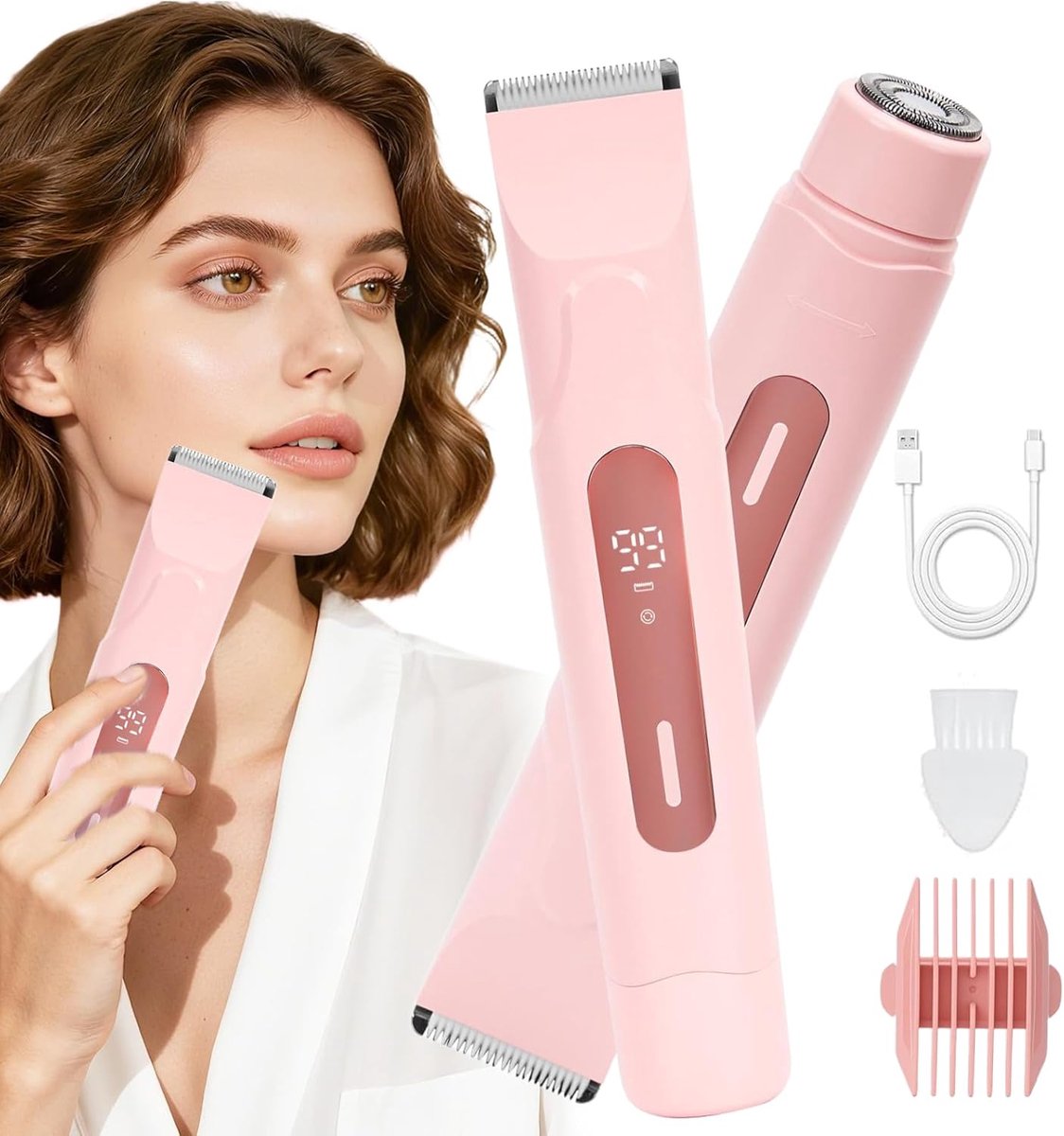 SnelShoppen - Elektrisch Scheerapparaat Dames, 2-in-1 Lichaams- en Gezichtshaartrimmer, Waterdicht, Voor Bikini, Benen, Oksels, Intieme Zone, Roze