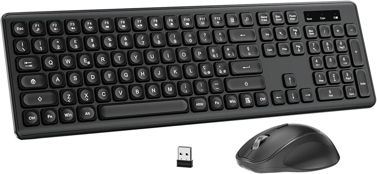 SnelShoppen - Draadloos Toetsenbord en Muis Set, Geruisloze Toetsen, Italiaanse QWERTY, Standaardformaat met Cijferblok, 2,4 GHz Draadloze Verbinding