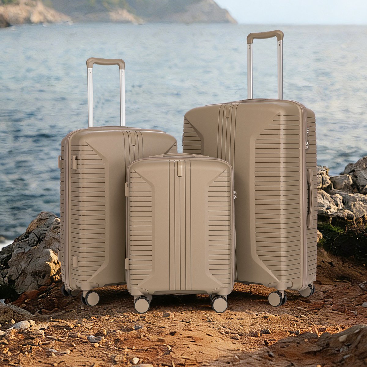 VVBV Kofferset 3 Delig 20/24/28 inch - PP Hardcase, Spinner Wielen, Cijferslot, Zijhaken, Ruimbagage, Champagne, Vakantie