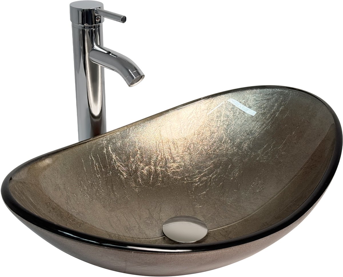Puluomis - Wasbakken - Wastafel - Glas - 53 x 35 x 16 cm - Met verchroomde kraan en afvoer - Ovaal - Champagne
