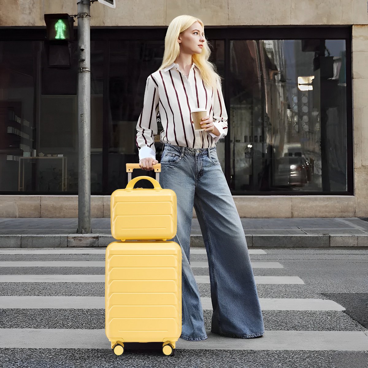 VVBV Kofferset 2 Delig 14/19 inch - ABS Hardcase, Handbagage Koffer, Beautycase, Spinner Wielen, Cijferslot, Geel, Vakantie