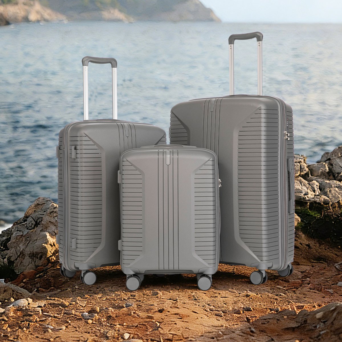 VVBV Kofferset 3 Delig 20/24/28 inch - PP Hardcase, Spinner Wielen, Cijferslot, Zijhaken, Ruimbagage, Zilver, Vakantie