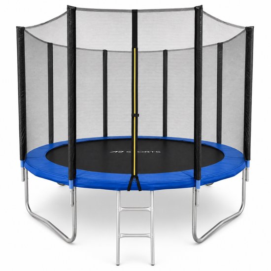Blauwe trampoline met zwart springdoek, veiligheidsnet en ladder. Getoond op een witte achtergrond.