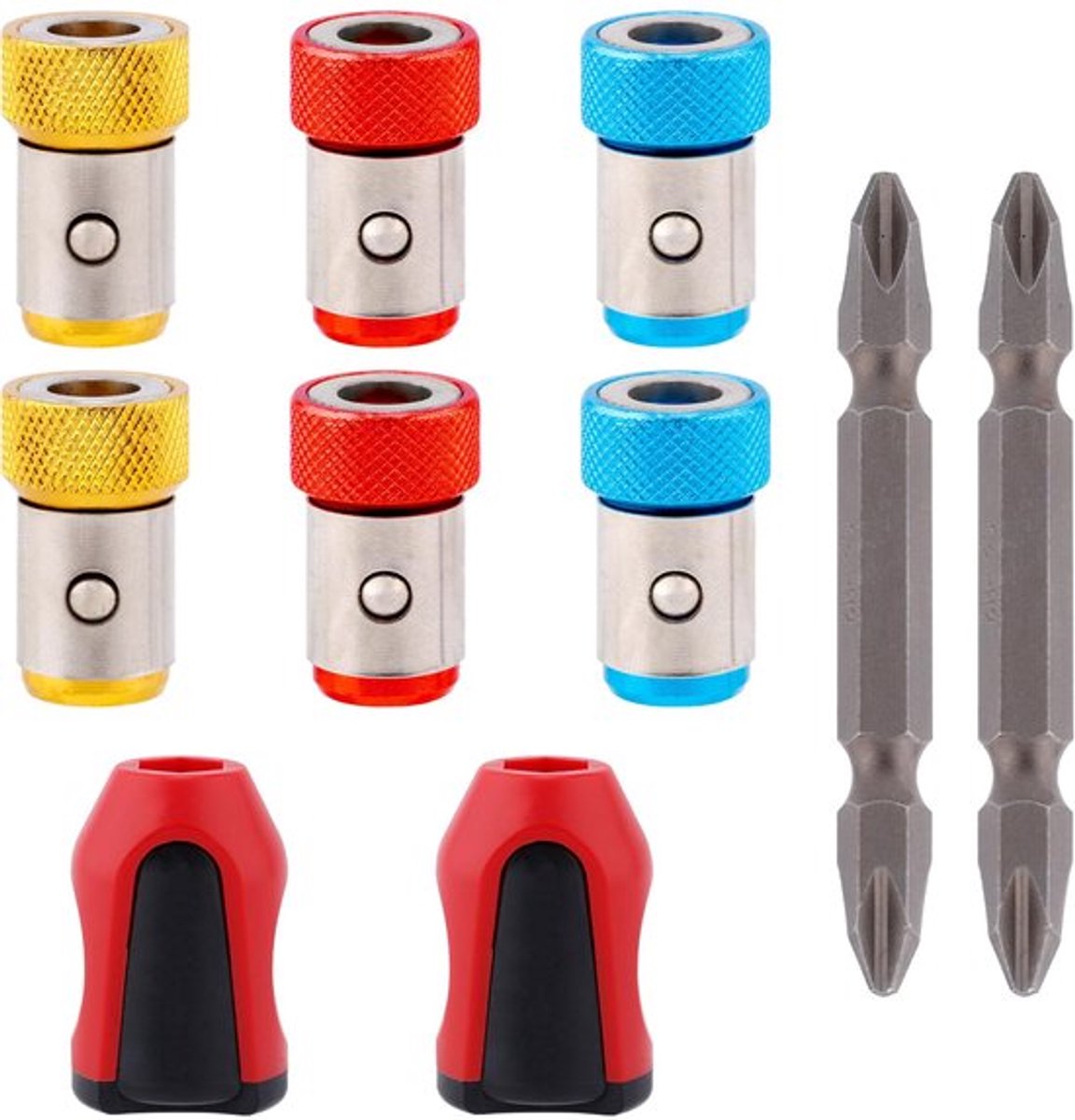 10-delige magnetische schroevendraaierhouderset, 2 Ph2-schroevendraaierbits en 6-kops ring, 2 magneten, afneembare magnetische ring voor 6,35 mm zeskant- en powerbits