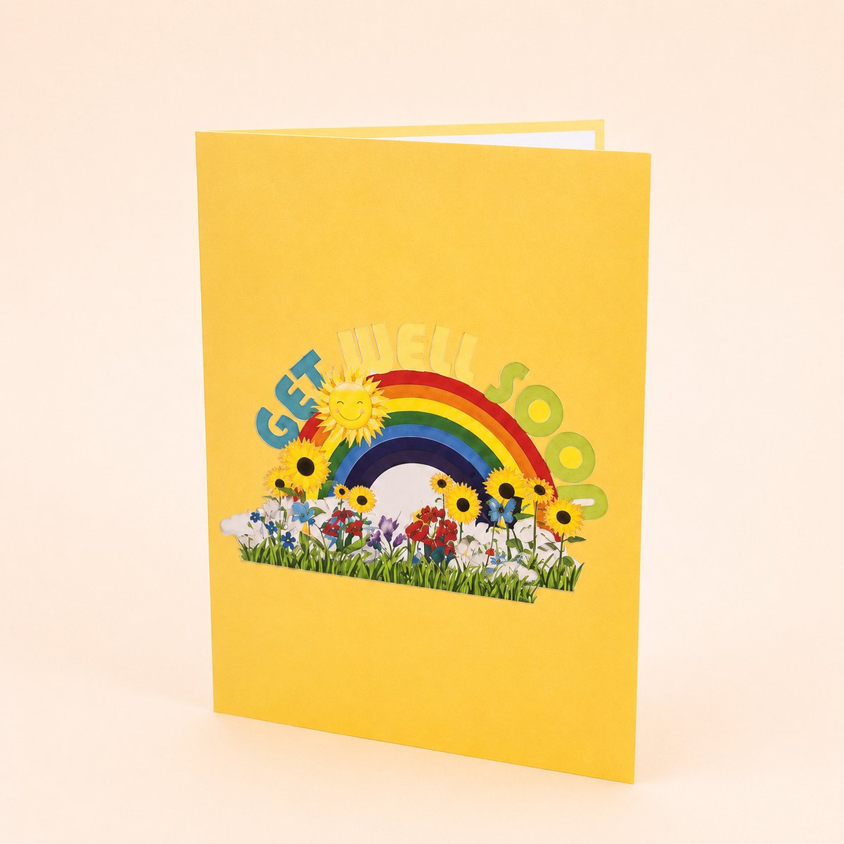 Paperbloom 3D Pop-Up Beterschapskaart – Get Well Soon – Wenskaart met Regenboog, Zonnebloemen en Vlinders – Voor Beterschap, Sterkte en Spoedig Herstel