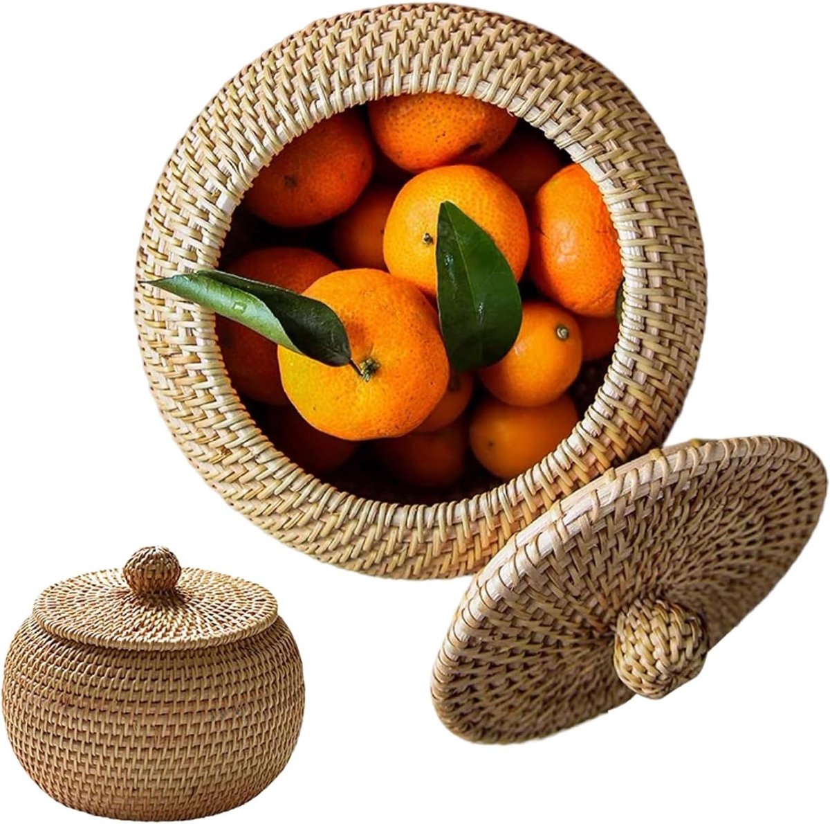 Rieten Mand - Opbergdoos Deksel - Ruimte Organiseren - Handgeweven - 15x15x12cm - Bruin