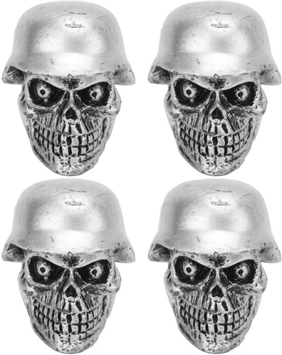 4 stuks/set banddopjes in de vorm van een schedel, helmdopjes met rubberen ring, universeel voor auto's, fietsen, SUV's, vrachtwagens, fietsen en motoren (zilver)